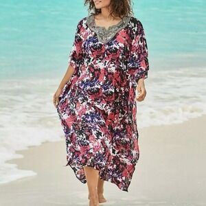 Swimsuits for All Women's Swim Coverup Plus Size 22/24 Beaded‎ Maxi Gauzy Kaftan